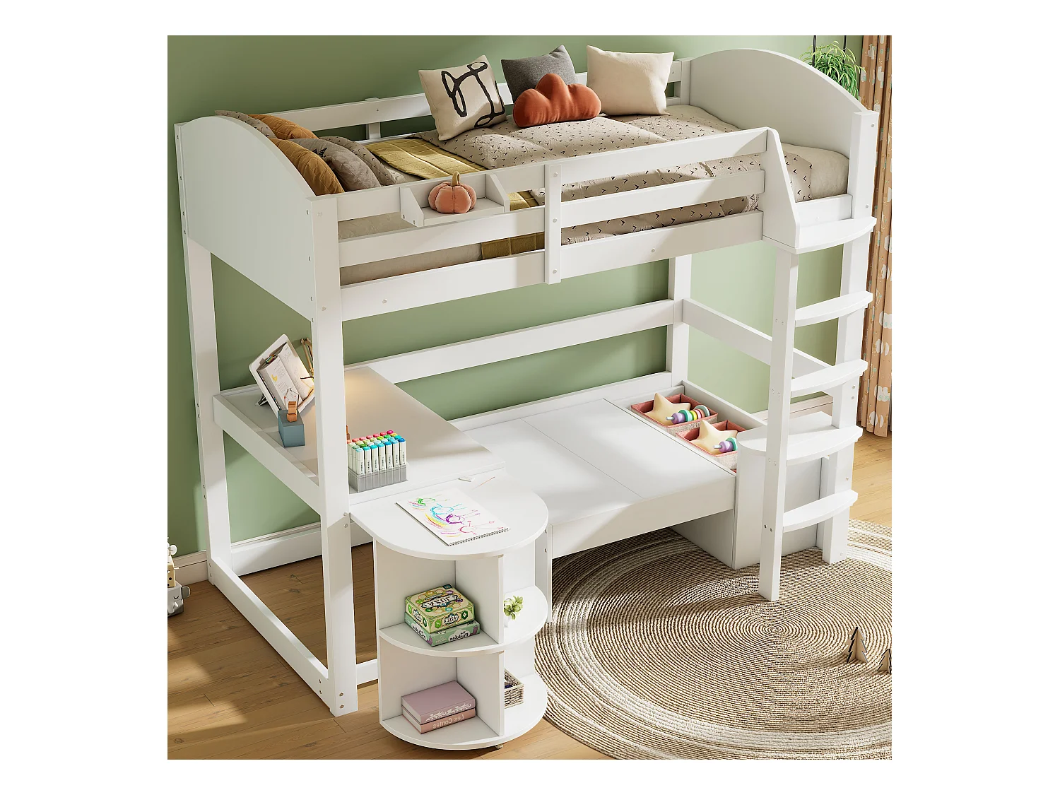 Mezzaninebed 90 x 200 cm met uitschuifbare tafel + bank en 3 kussens + kussens - Hout - Wit