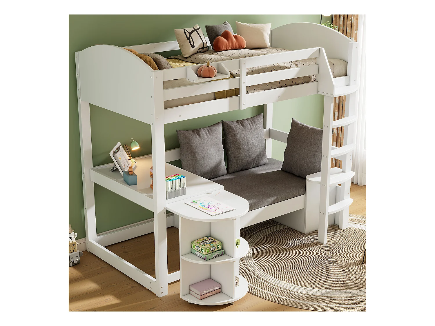 Mezzaninebed 90 x 200 cm met uitschuifbare tafel + bank en 3 kussens + kussens - Hout - Wit