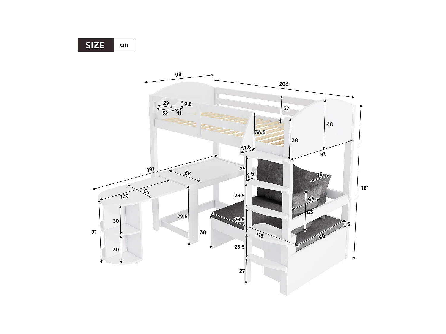 Mezzaninebed 90 x 200 cm met uitschuifbare tafel + bank en 3 kussens + kussens - Hout - Wit