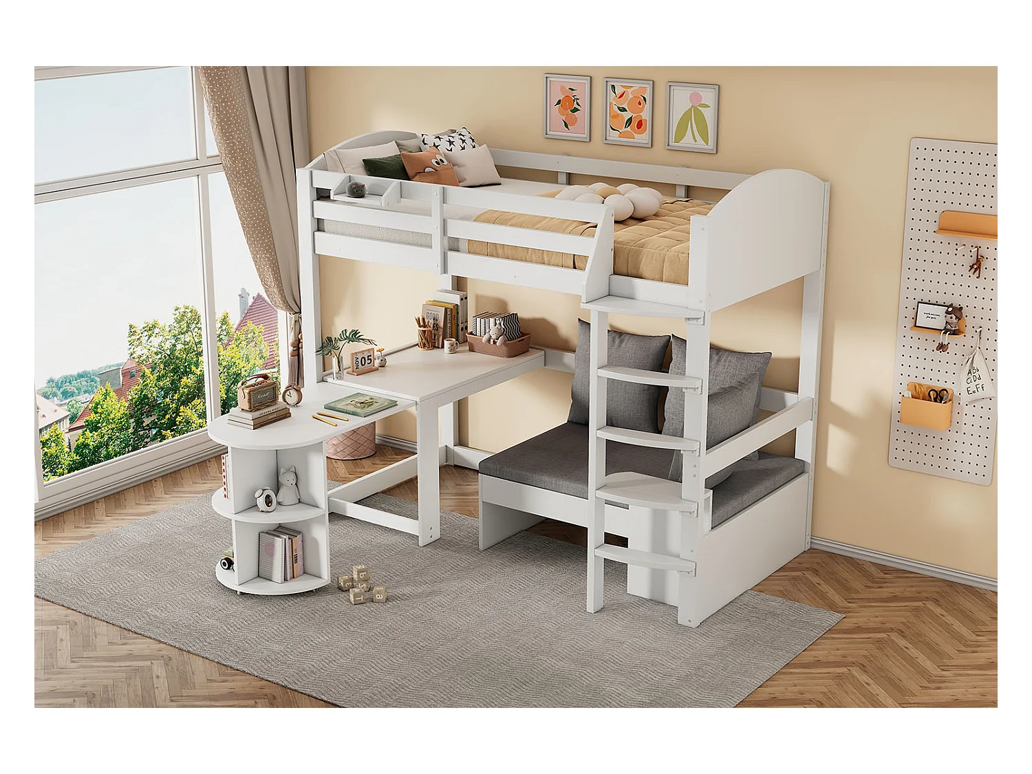 Mezzaninebed 90 x 200 cm met uitschuifbare tafel + bank en 3 kussens + kussens - Hout - Wit