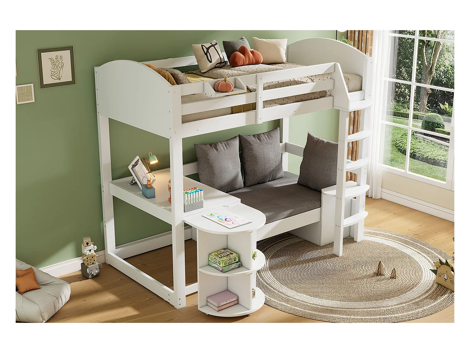 Mezzaninebed 90 x 200 cm met uitschuifbare tafel + bank en 3 kussens + kussens - Hout - Wit