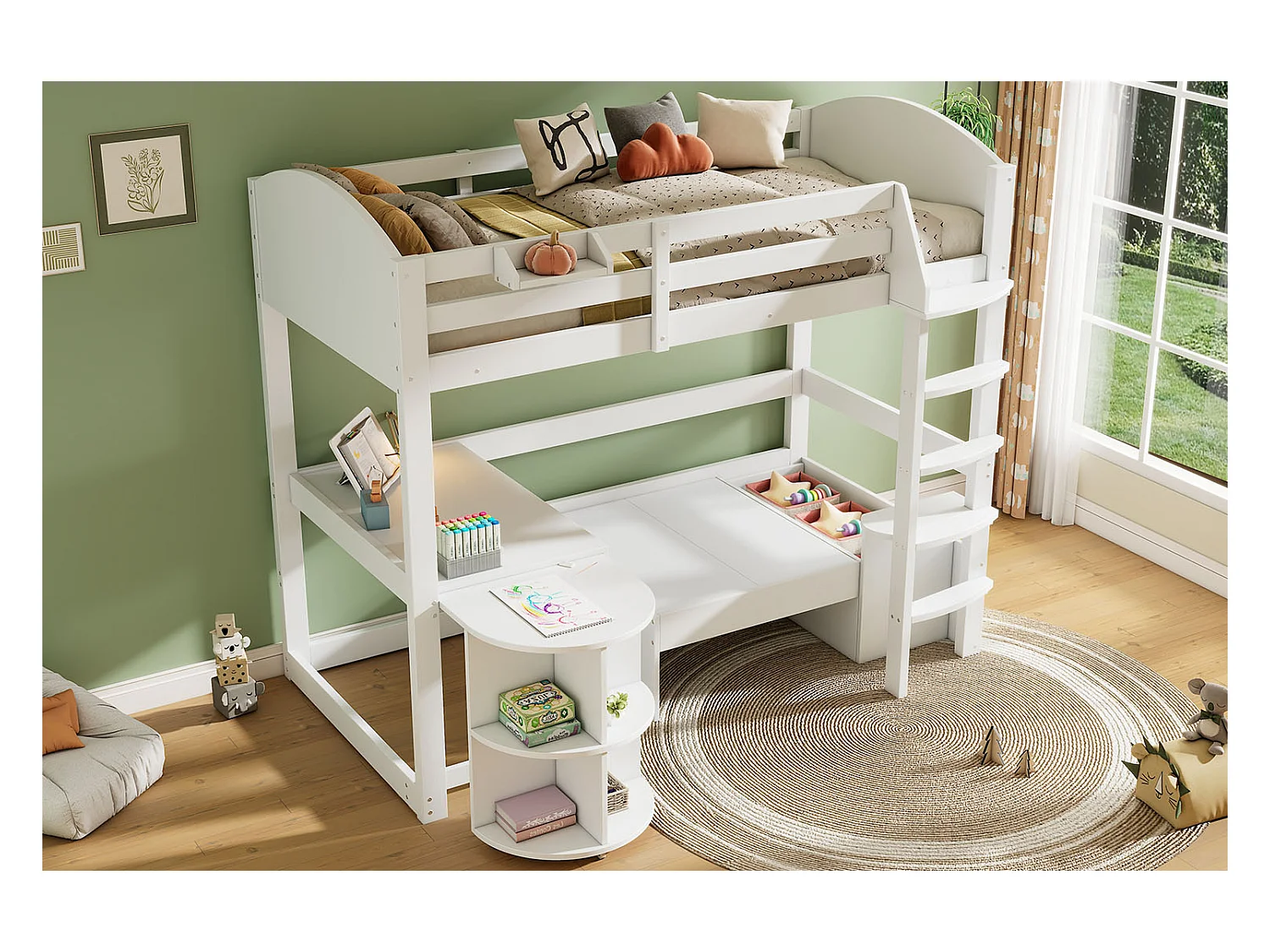 Mezzaninebed 90 x 200 cm met uitschuifbare tafel + bank en 3 kussens + kussens - Hout - Wit