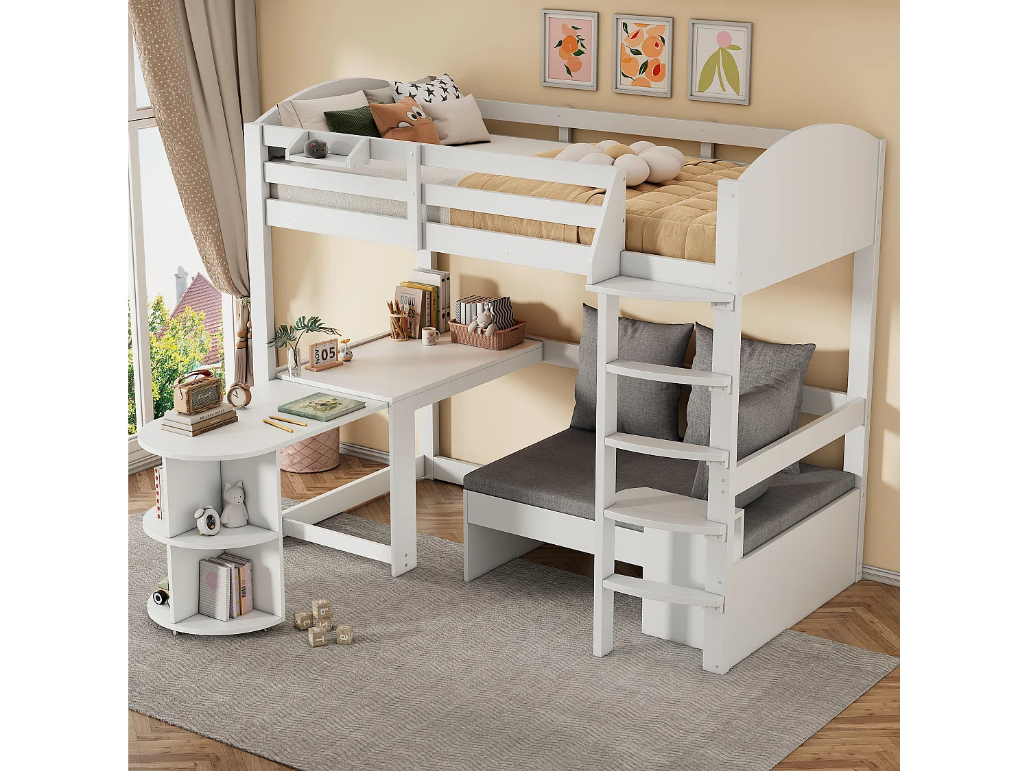Letto a soppalco 90 x 200 cm con tavolo allungabile + divano e 3 cuscini + cuscini - Legno - Bianco