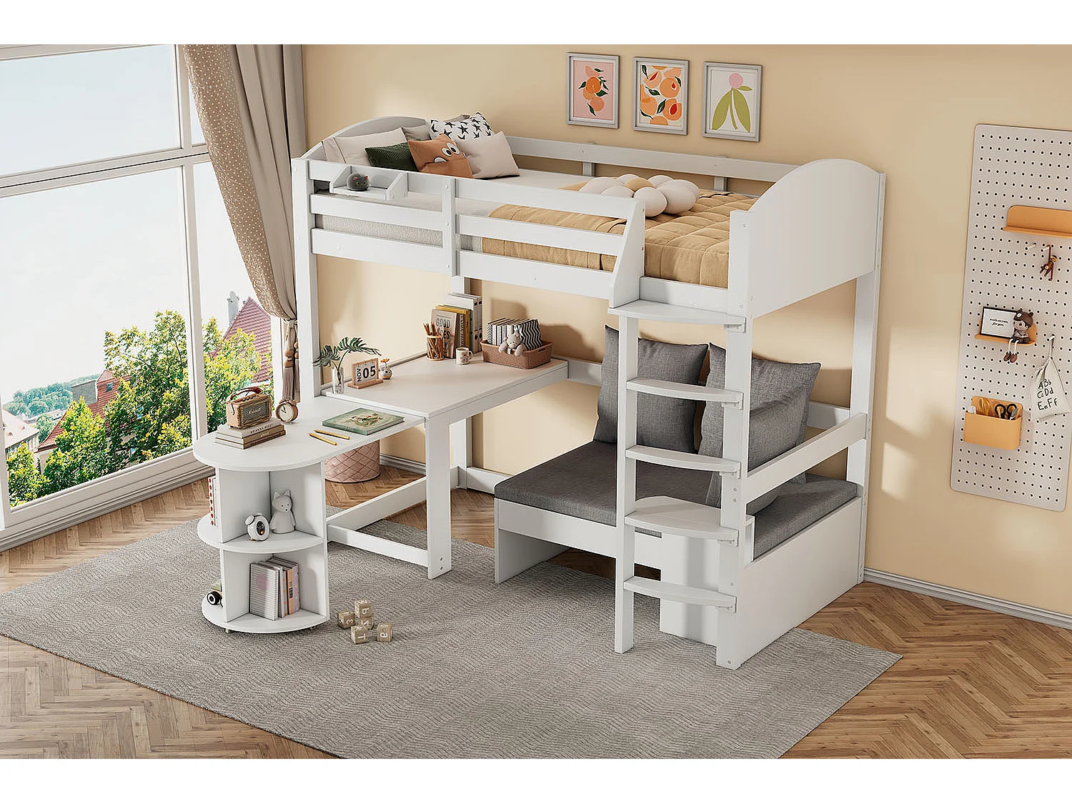 Letto a soppalco 90 x 200 cm con tavolo allungabile + divano e 3 cuscini + cuscini - Legno - Bianco