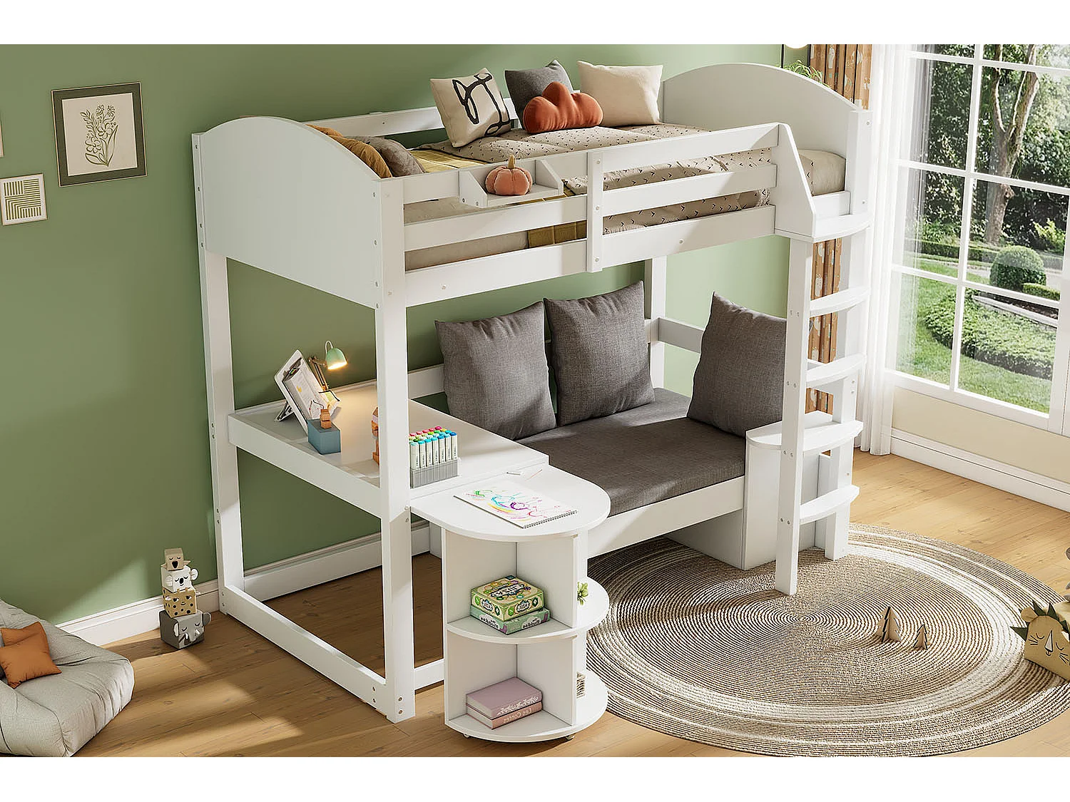 Letto a soppalco 90 x 200 cm con tavolo allungabile + divano e 3 cuscini + cuscini - Legno - Bianco