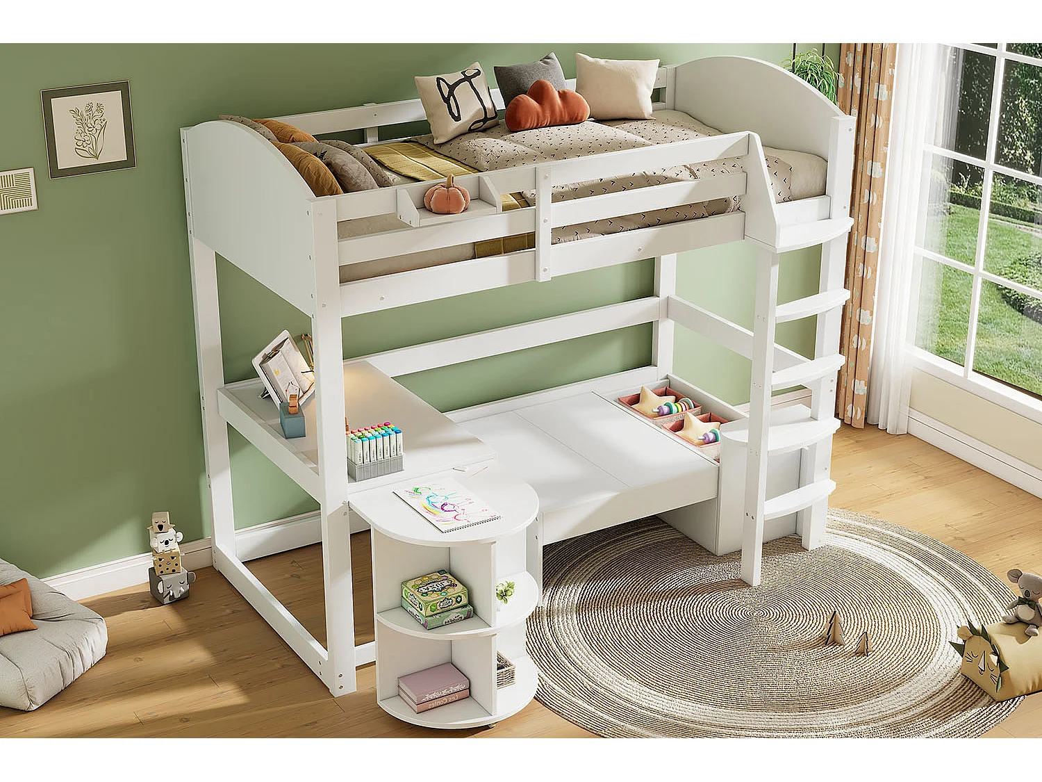 Letto a soppalco 90 x 200 cm con tavolo allungabile + divano e 3 cuscini + cuscini - Legno - Bianco