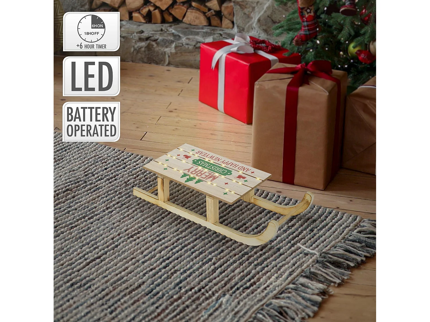 Slitta decorativa in legno a LED bianco caldo 42 x 16cm marrone a batteria timer