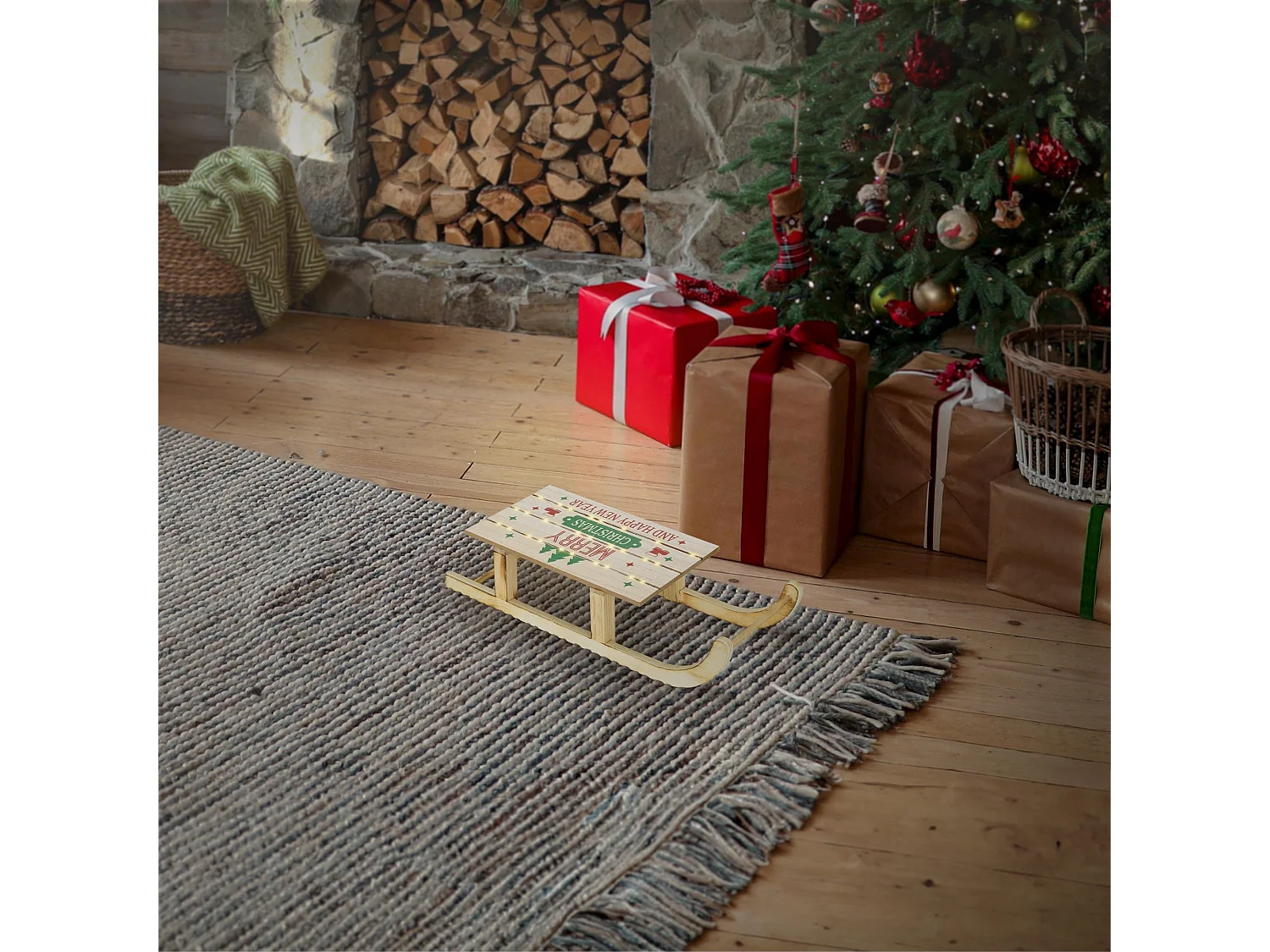 Slitta decorativa in legno a LED bianco caldo 42 x 16cm marrone a batteria timer