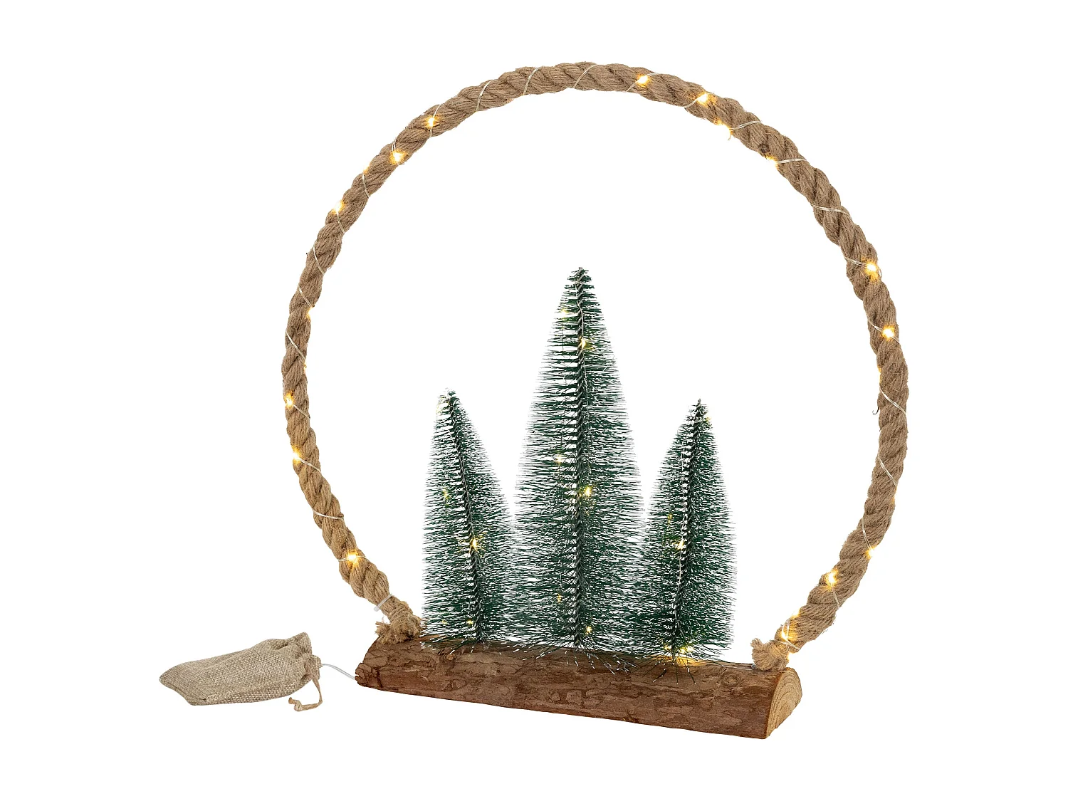 Circulo de yute con 3 abetos de cuerda 45 LEDs blanco calido decoración navideña