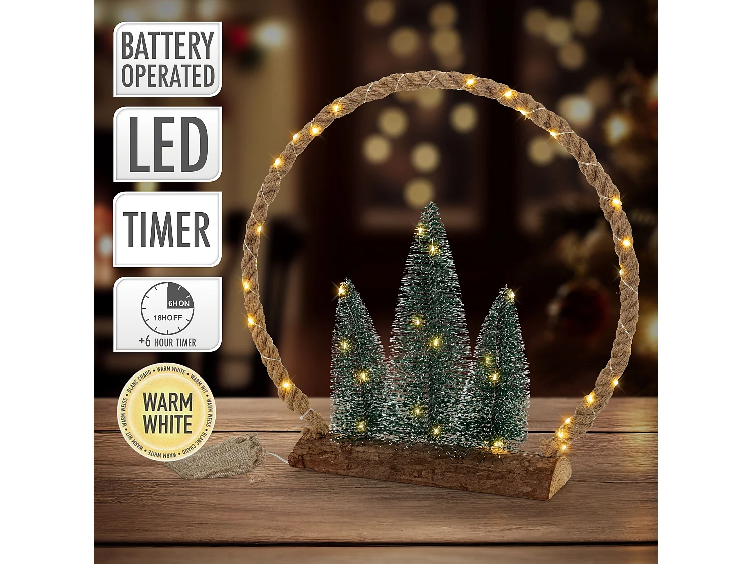 Circulo de yute con 3 abetos de cuerda 45 LEDs blanco calido decoración navideña