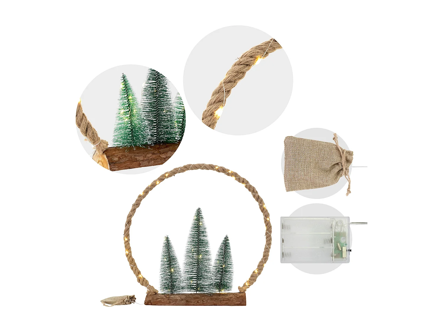 Circulo de yute con 3 abetos de cuerda 45 LEDs blanco calido decoración navideña