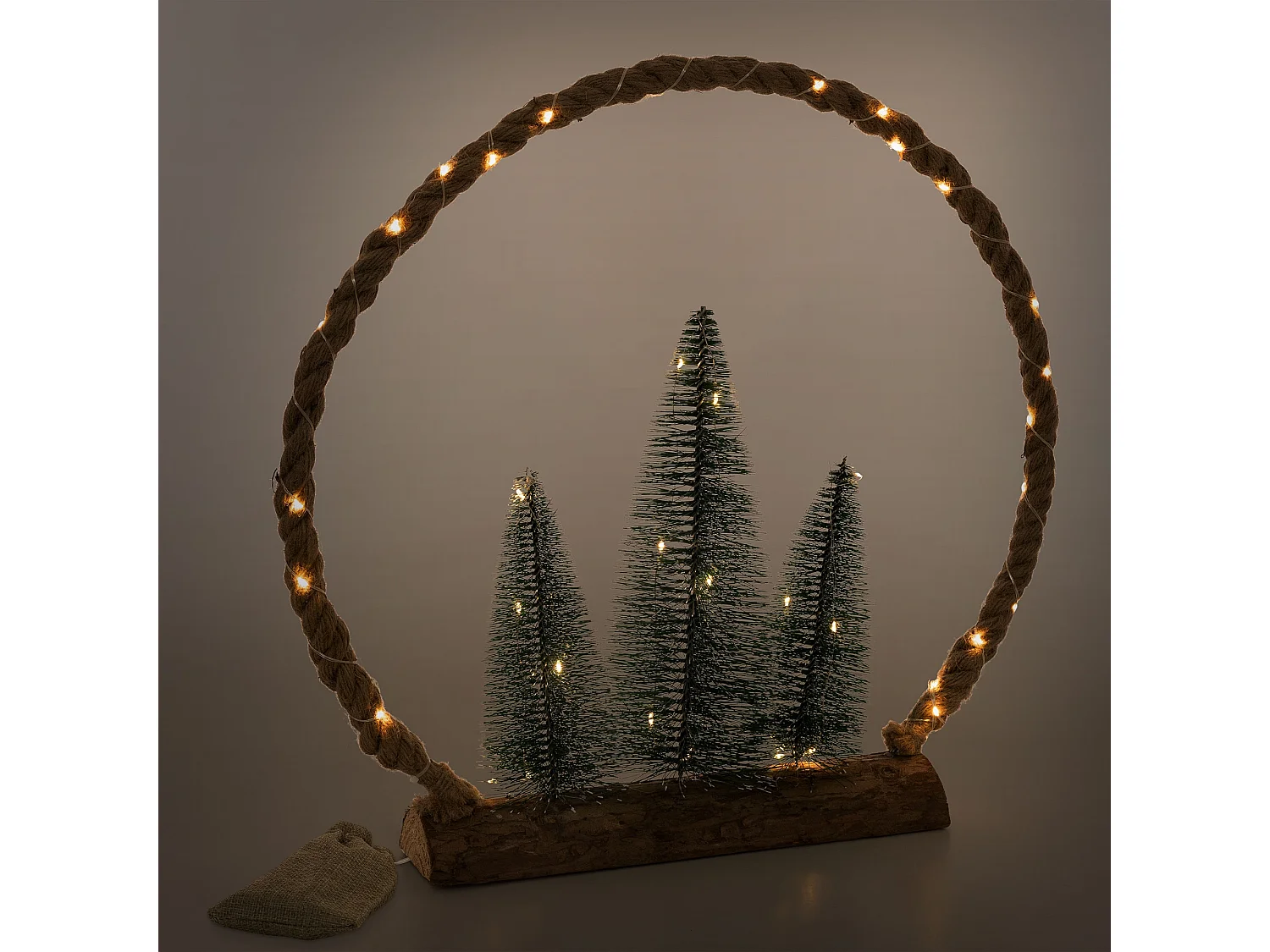 Circulo de yute con 3 abetos de cuerda 45 LEDs blanco calido decoración navideña