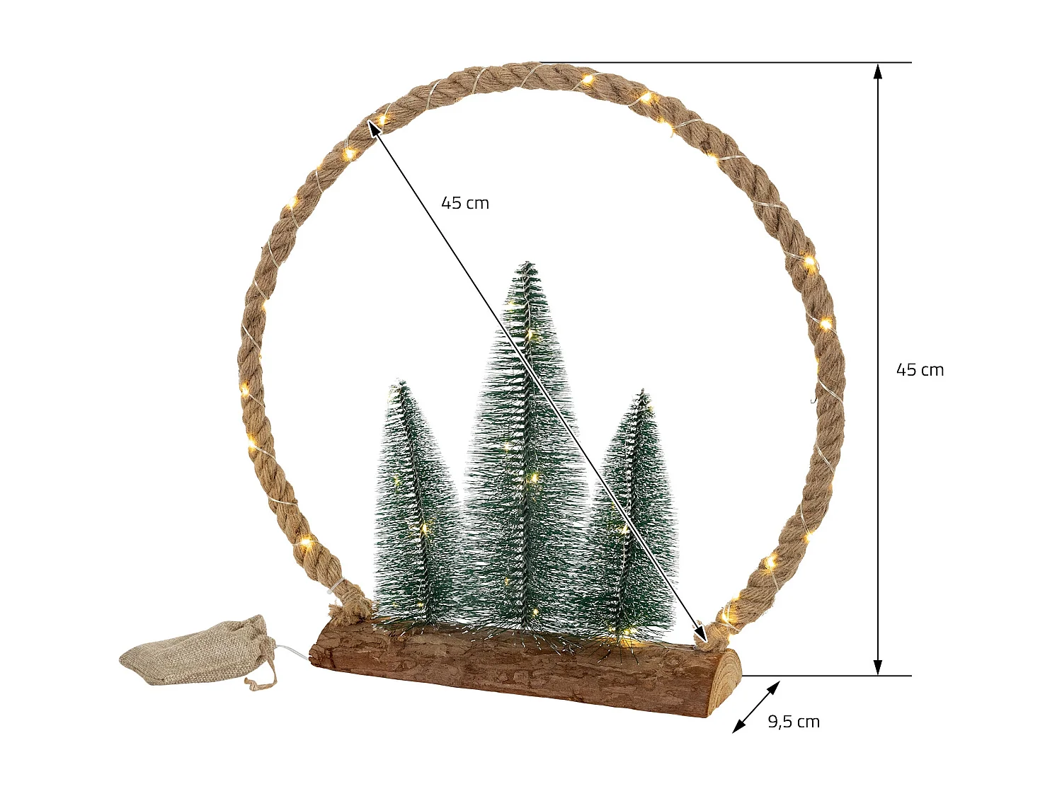 Circulo de yute con 3 abetos de cuerda 45 LEDs blanco calido decoración navideña