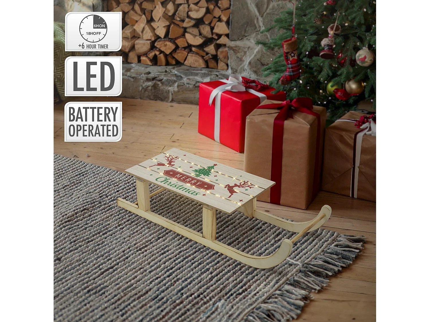 Slitta decorativa in legno 60 LED bianco caldo 60x21x13,5 cm marrone a batteria