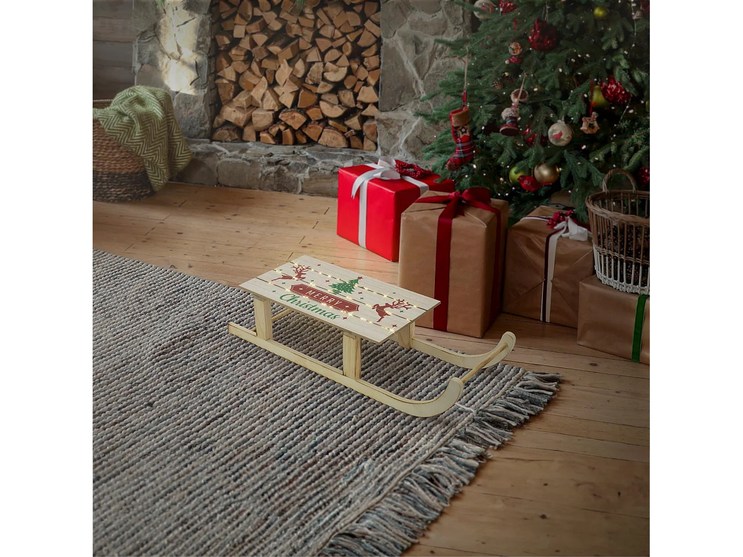 Slitta decorativa in legno 60 LED bianco caldo 60x21x13,5 cm marrone a batteria