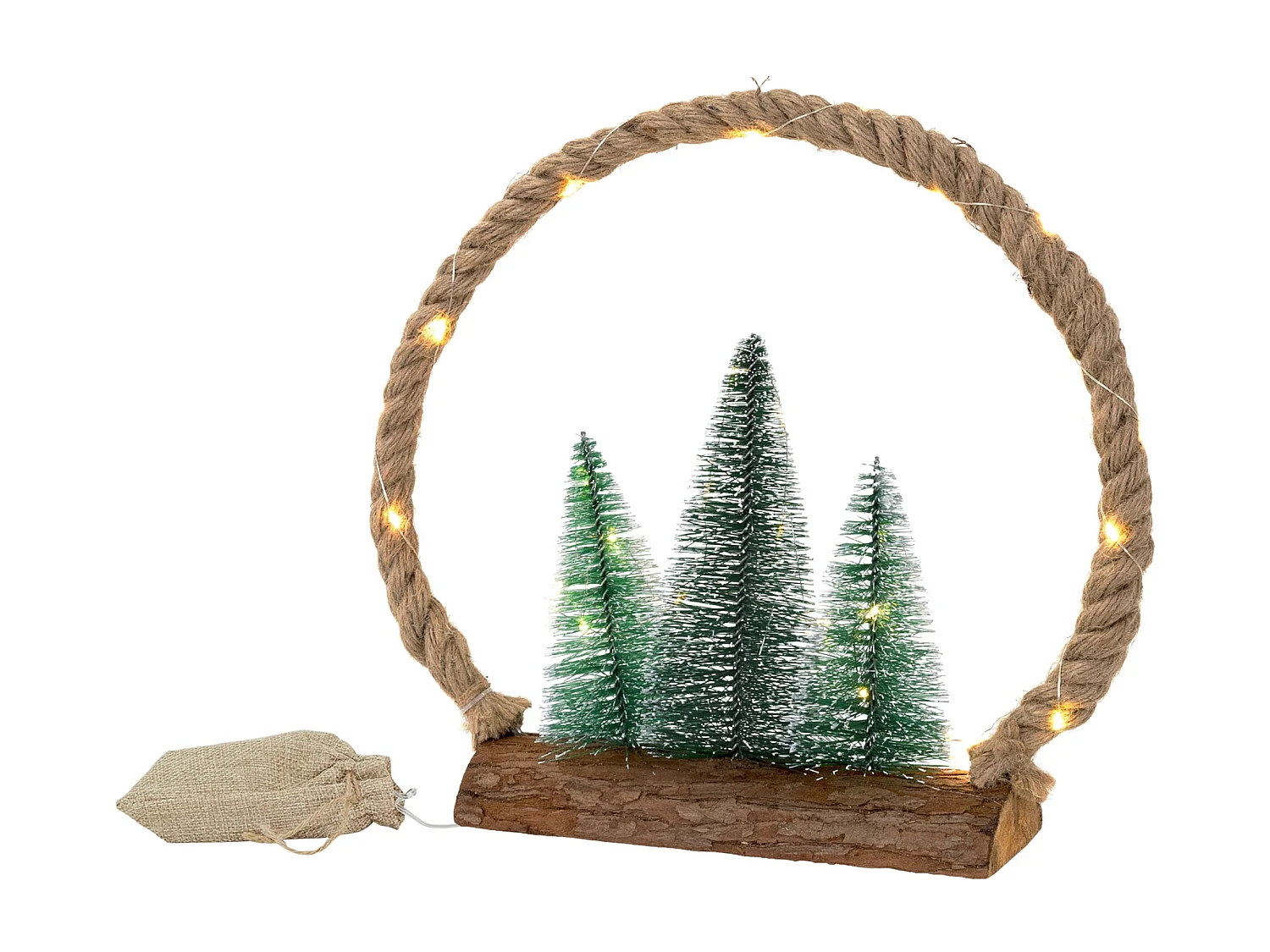 Círculo de yute colgante con 3 abetos 30LEDs decoración interior navidad a pilas