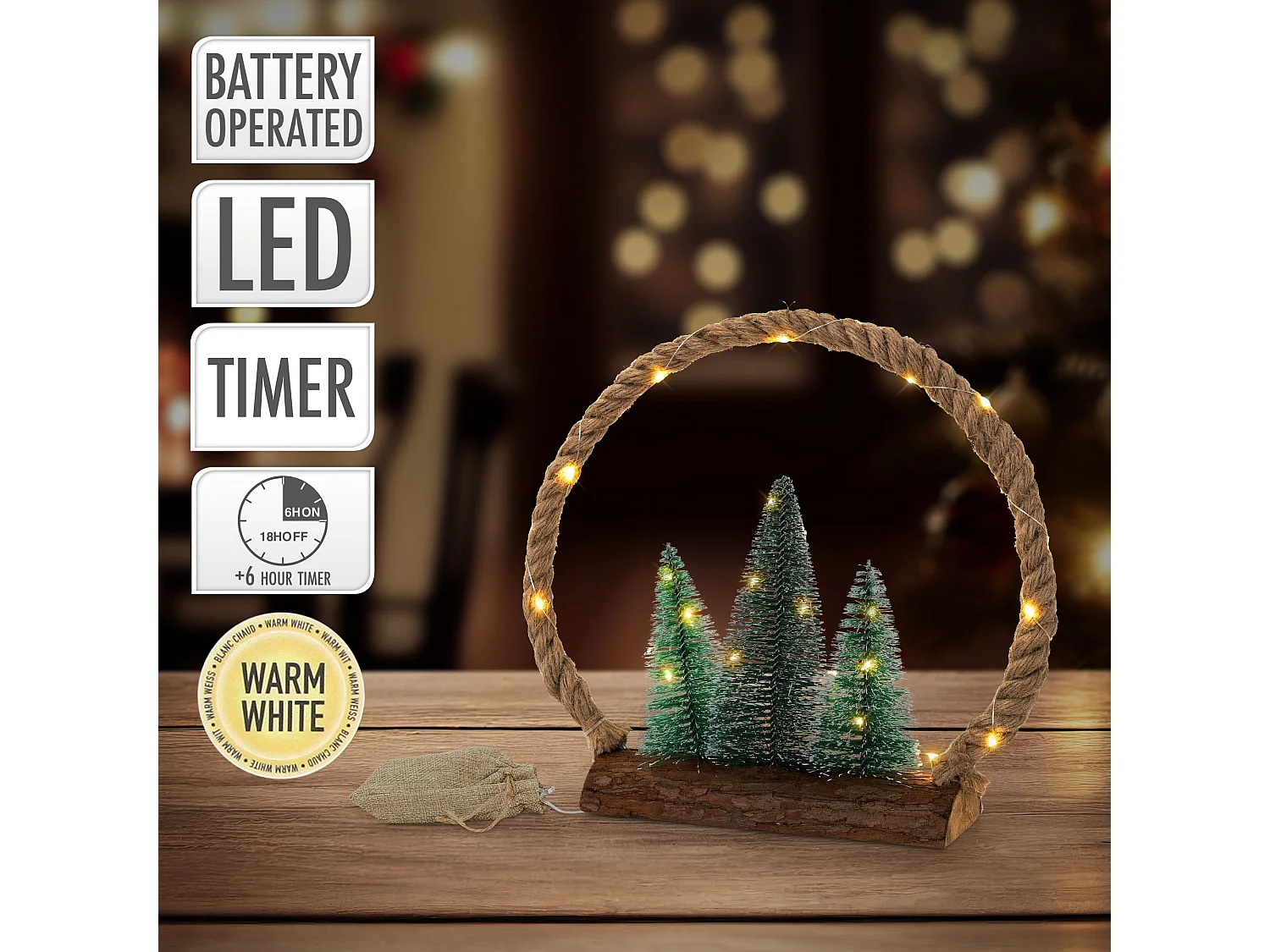 Círculo de yute colgante con 3 abetos 30LEDs decoración interior navidad a pilas