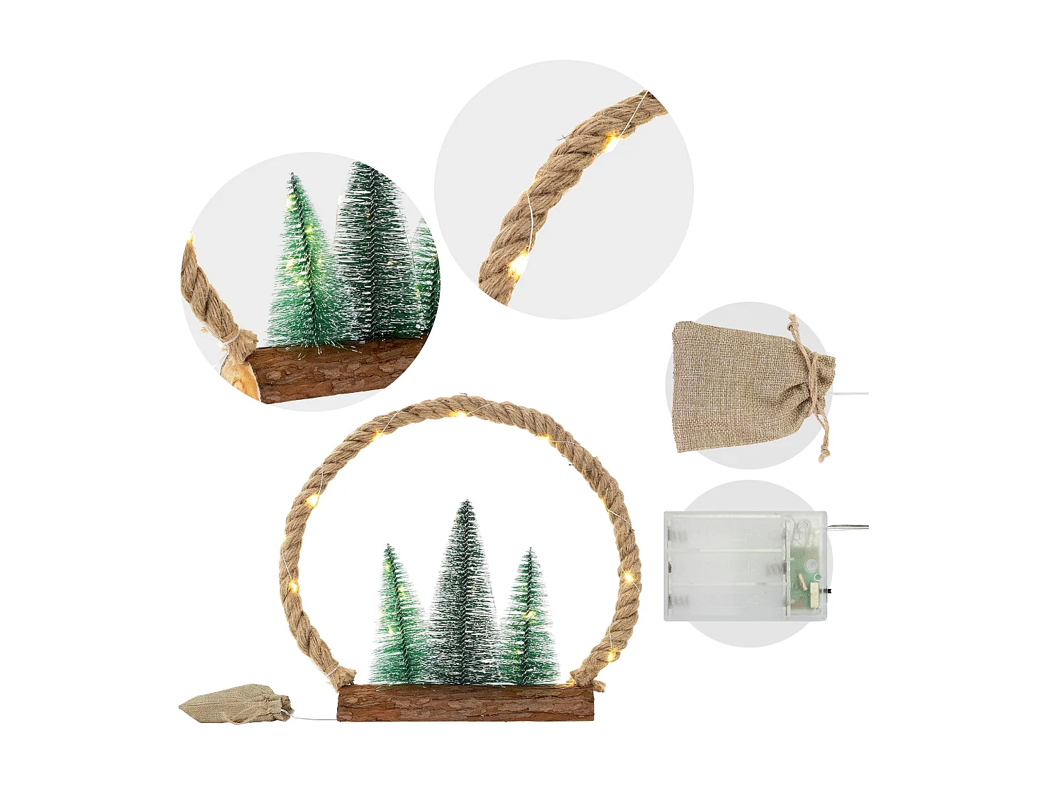 Círculo de yute colgante con 3 abetos 30LEDs decoración interior navidad a pilas