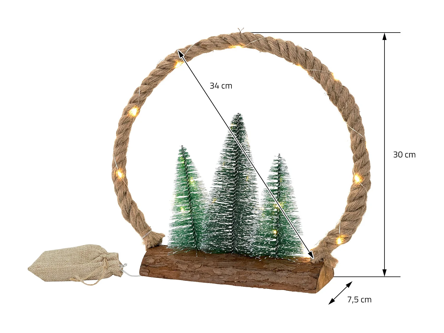 Círculo de yute colgante con 3 abetos 30LEDs decoración interior navidad a pilas