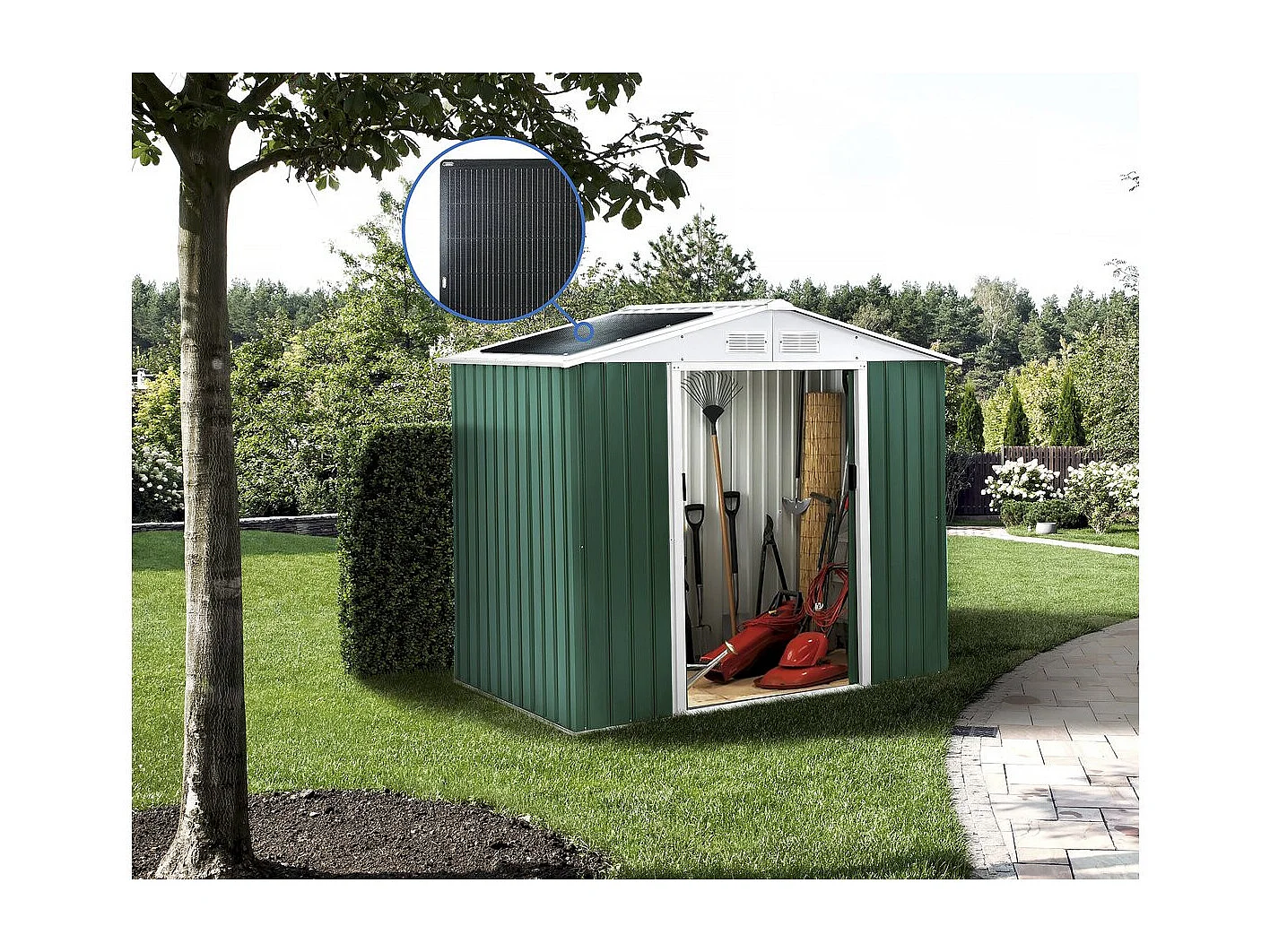 Gerätehaus aus Metall - "Rosas " - 2,71 m² mit Solarpaneelen - Grün