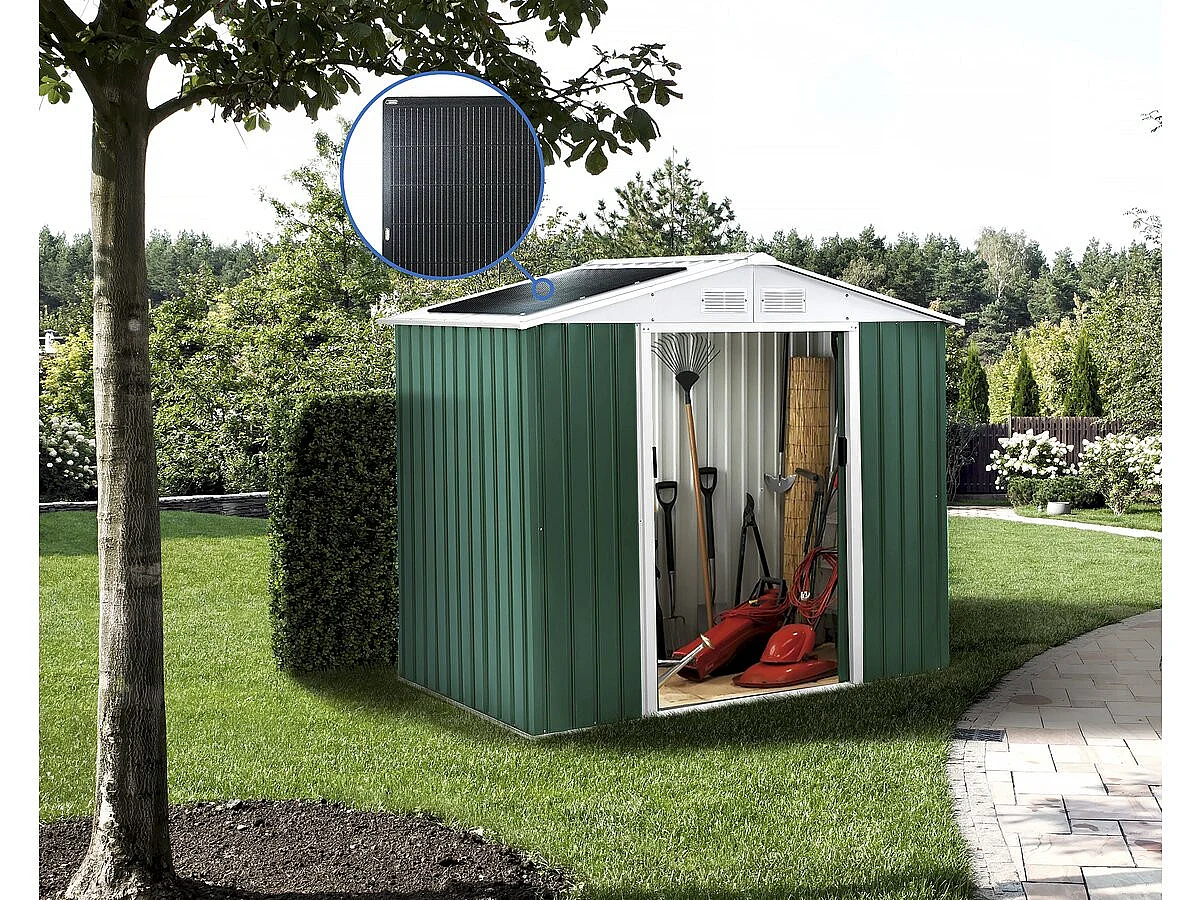 Domek ogrodowy metalowy "Rosas" 2,71 m² z panelami słonecznymi - Zielony