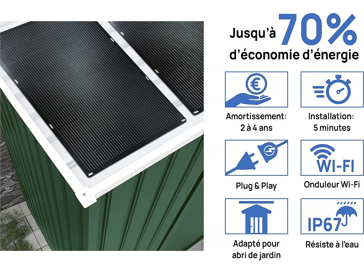 Domek ogrodowy metalowy "Rosas" 2,71 m² z panelami słonecznymi - Zielony
