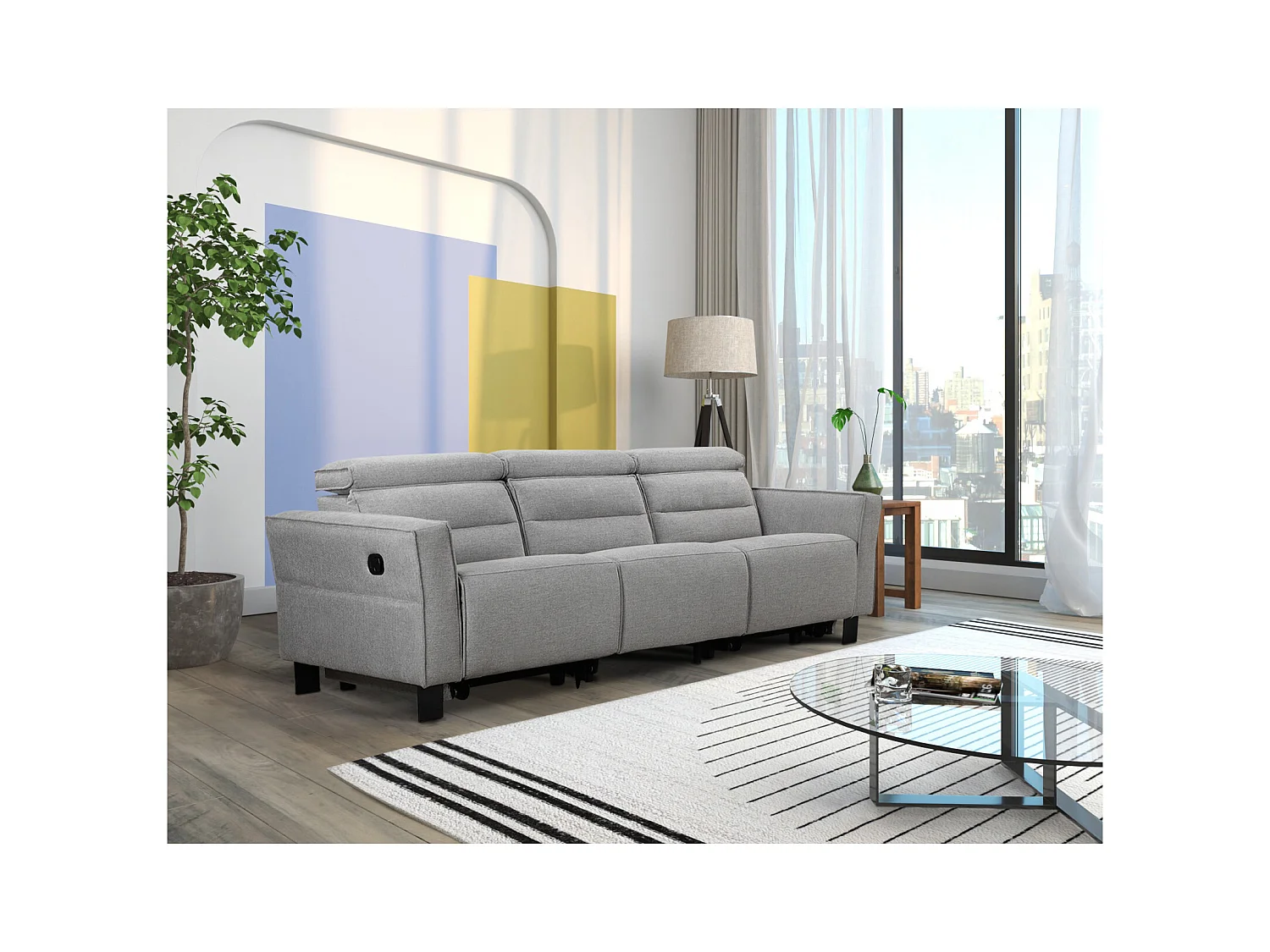 3-zitsbank met 2 handmatige verstelbare rugleuningen in lichtgrijze stof