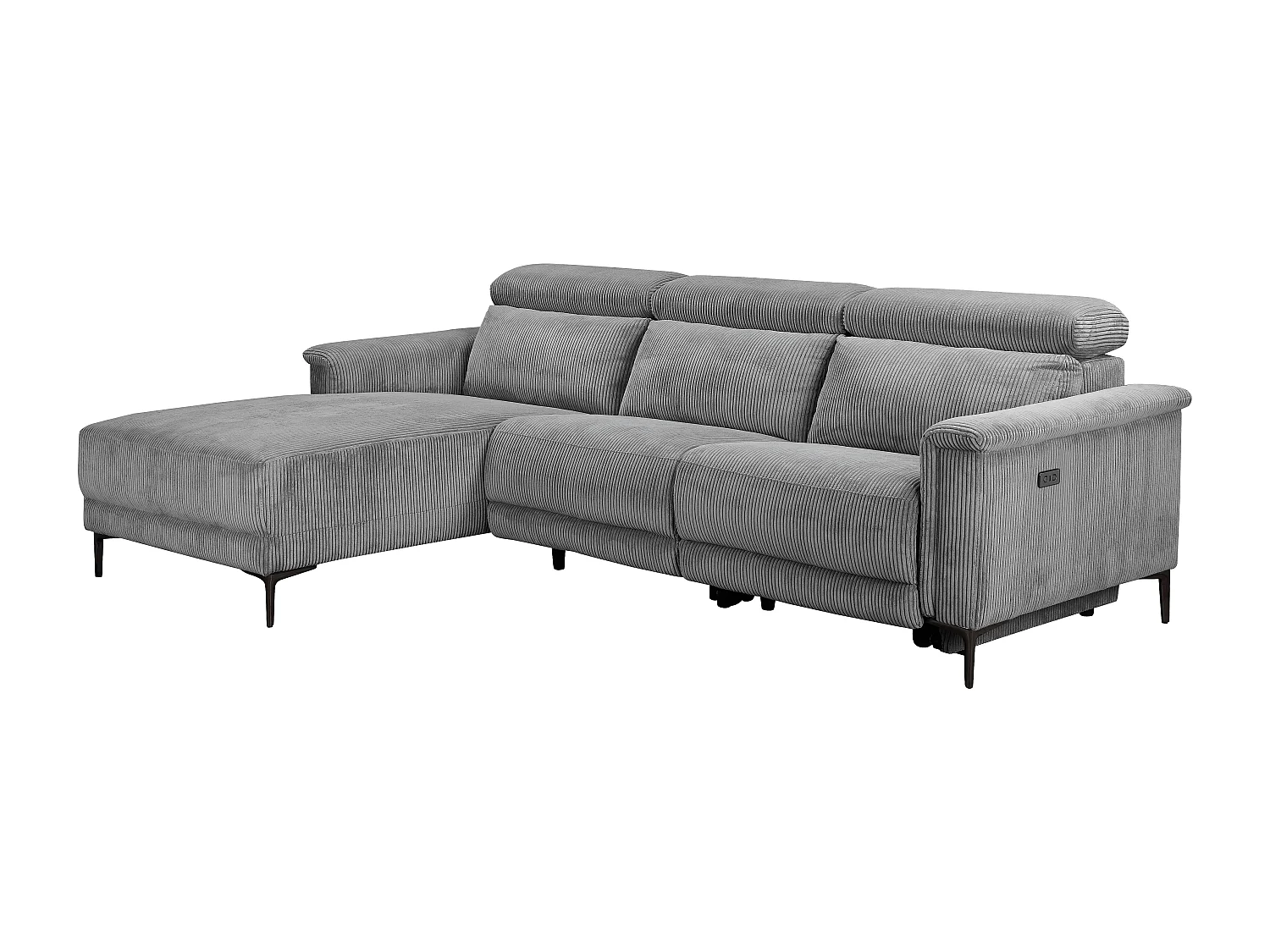 Hoekbank 3 zitplaatsen met 1 elektrische relaxfunctie in ribfluweel grijs