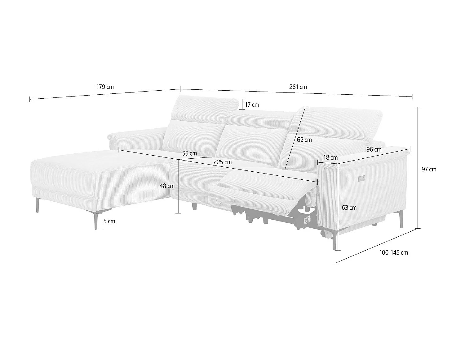 Lund | Canapé 3 places avec 1 fauteuil inclinable électrique en tissu anthracite