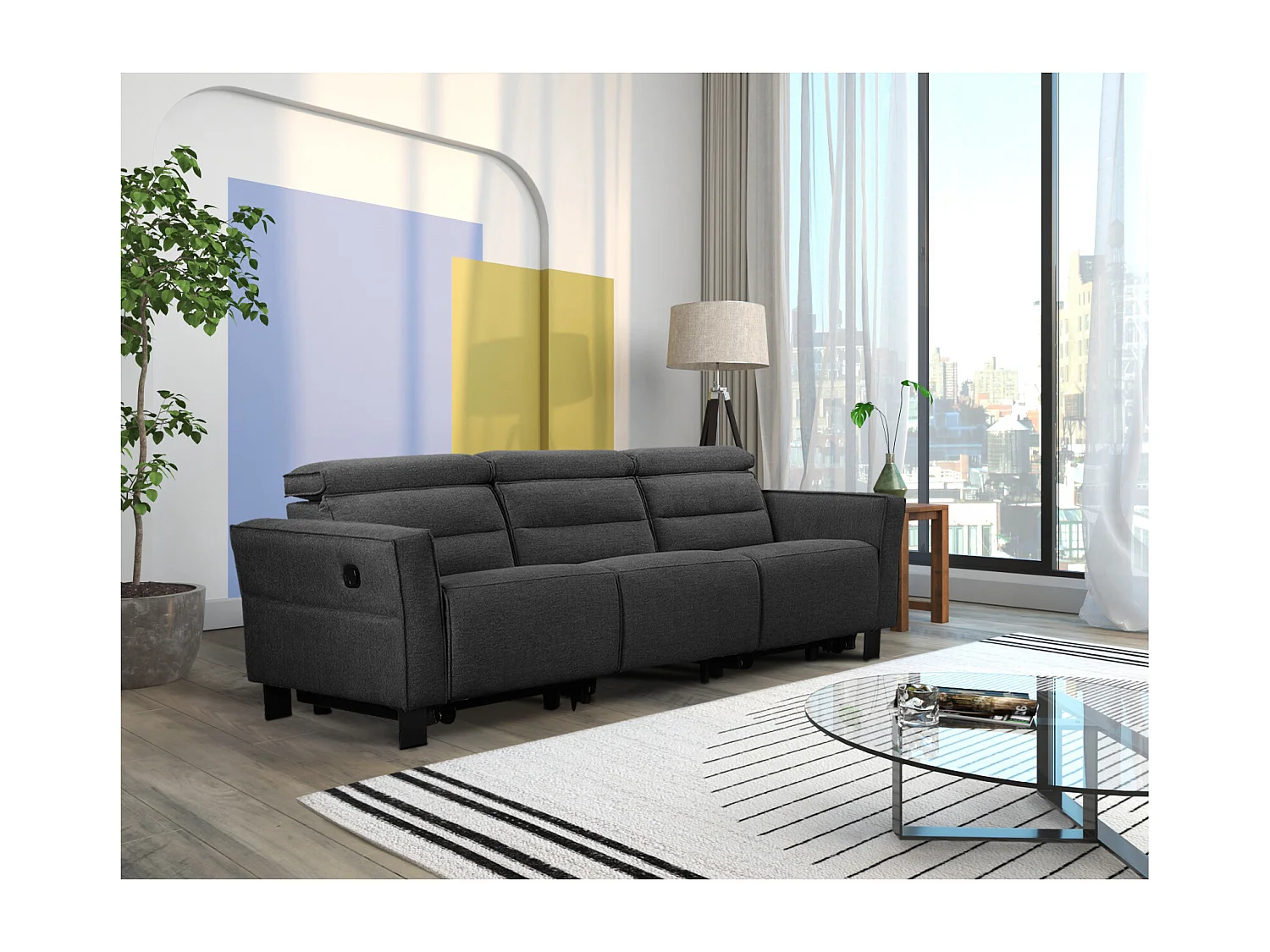 Lund | Canapé 3 places avec 2 fauteuils inclinables électriques en velours côtelé crème