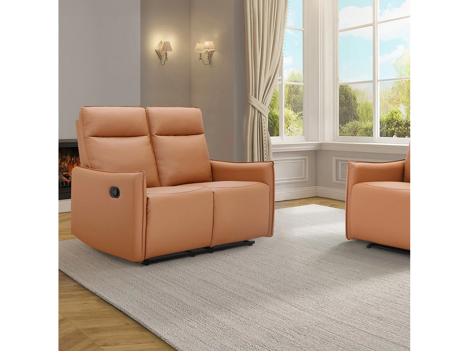 Lugo | Canapé 2 places avec 1 fauteuil inclinable électrique en cuir/PU cognac