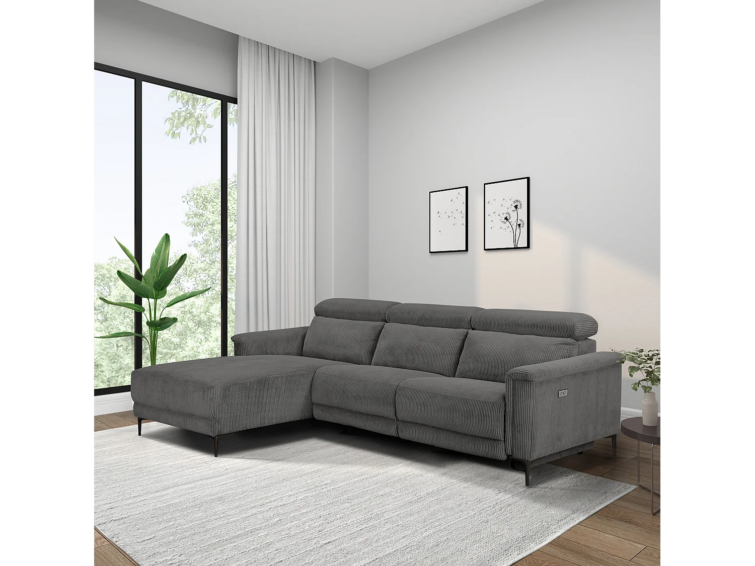 Lund | Canapé d’angle 3 places avec fonction électrique en velours côtelé crème