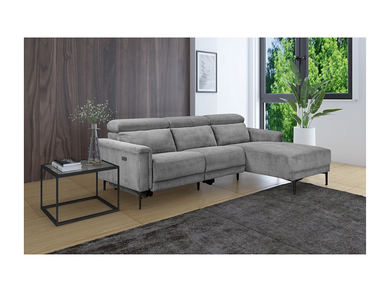 Hoekbank 3-zits met 1 elektrisch relaxelement in grijze corduroy