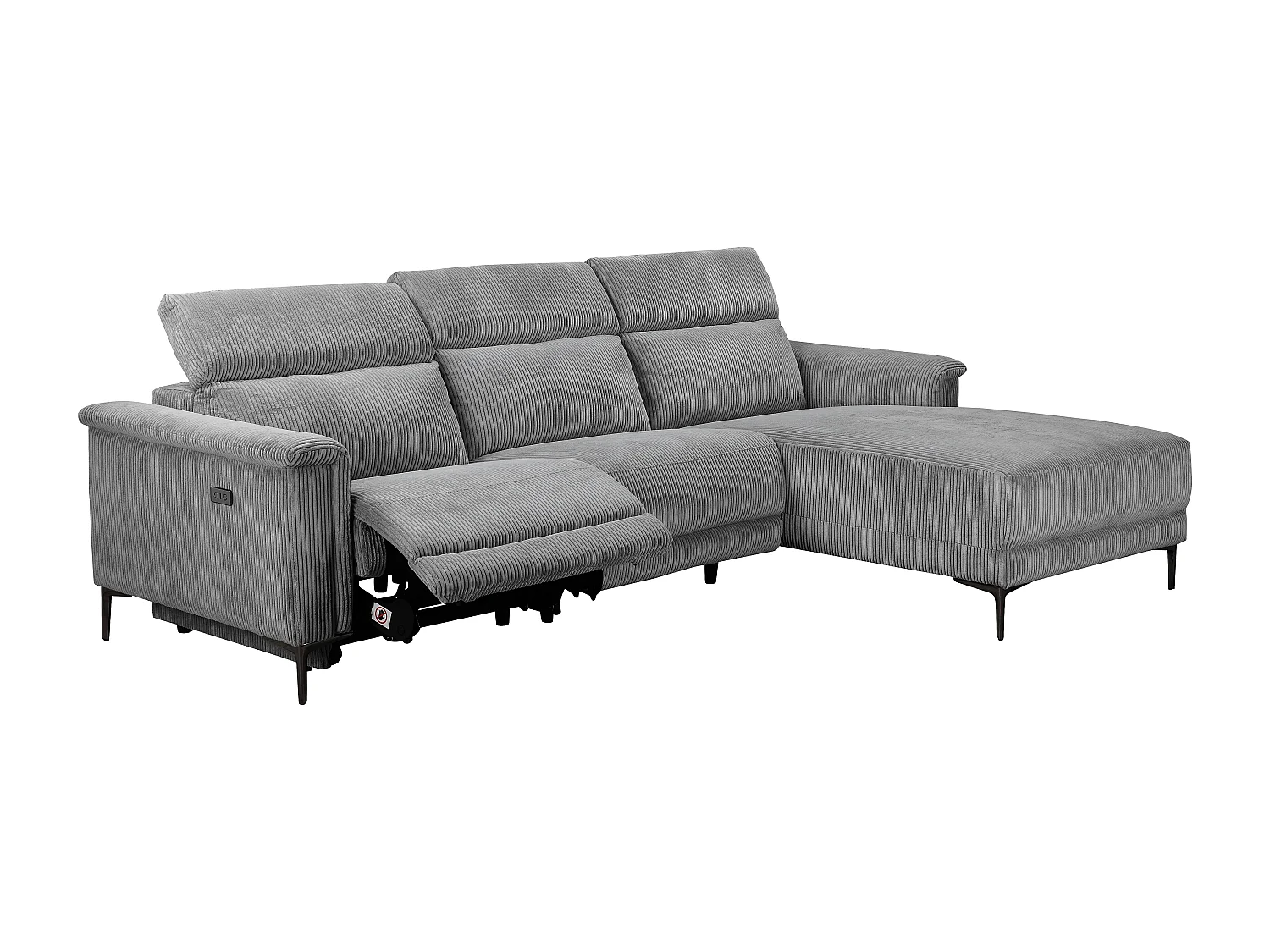 Hoekbank 3-zits met 1 elektrisch relaxelement in grijze corduroy