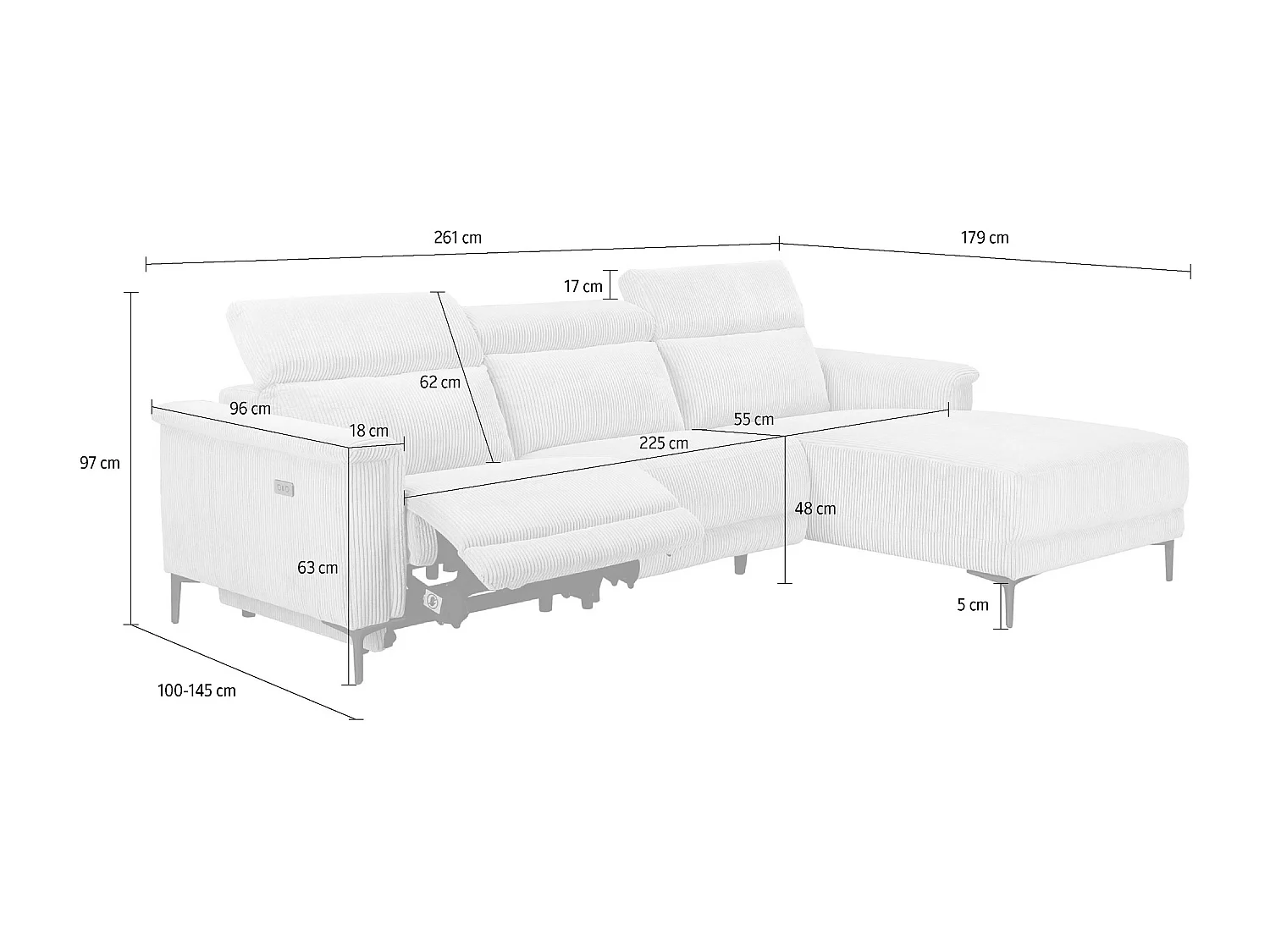 Lund | Canapé 3 places avec 1 fauteuil inclinable électrique en tissu anthracite