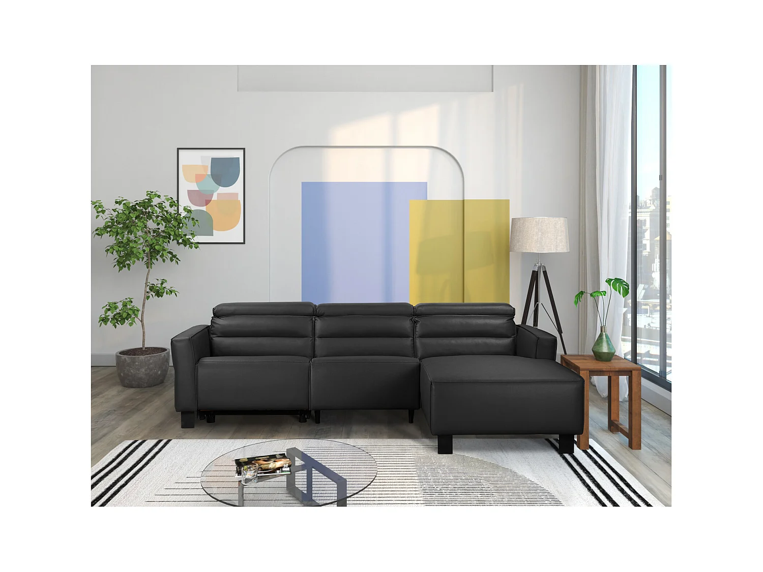 Carpari | Sofá 3 plazas con 1 sillón reclinable eléctrico en cueroPU negro