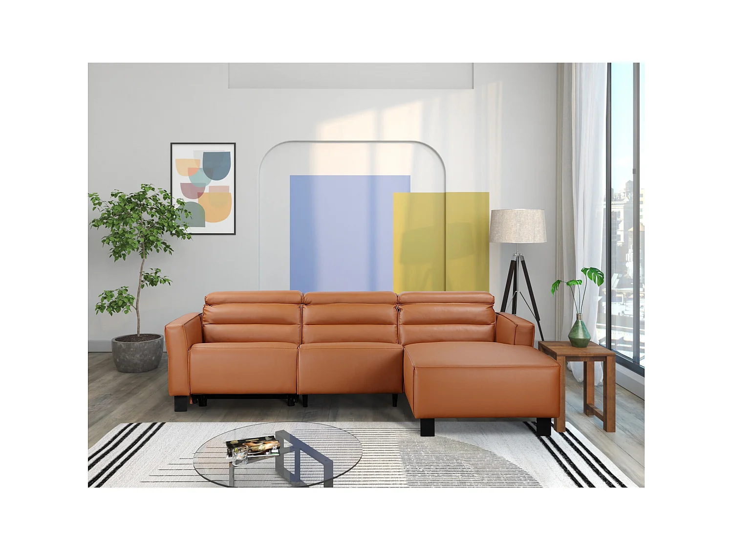 3-zitsbank met 1 elektrische relaxer in PU leder cognac