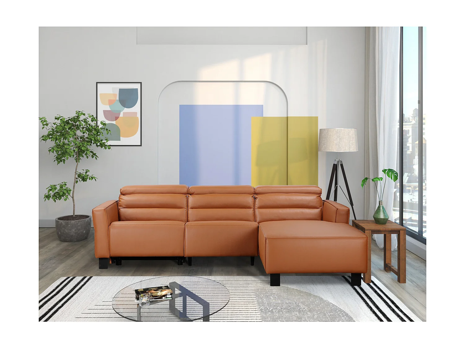 Carpari | Canapé 3 places avec 1 fauteuil inclinable électrique en cuir/PU cognac