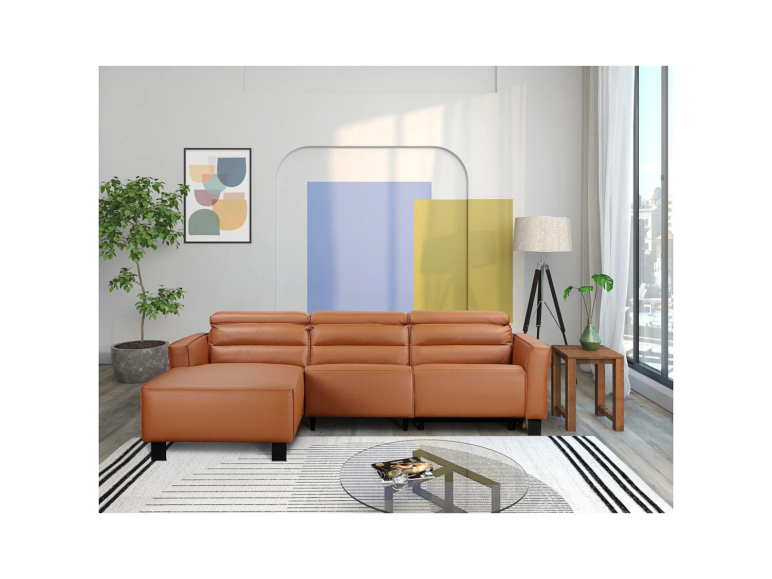 3-zitsbank met 1 elektrische relaxer in PU leder cognac