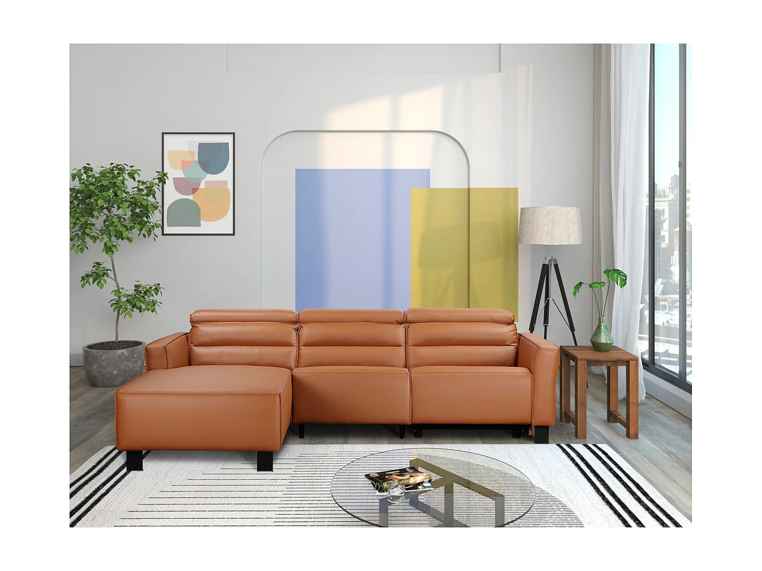 Carpari | Canapé 3 places avec 1 fauteuil inclinable électrique en cuir/PU cognac