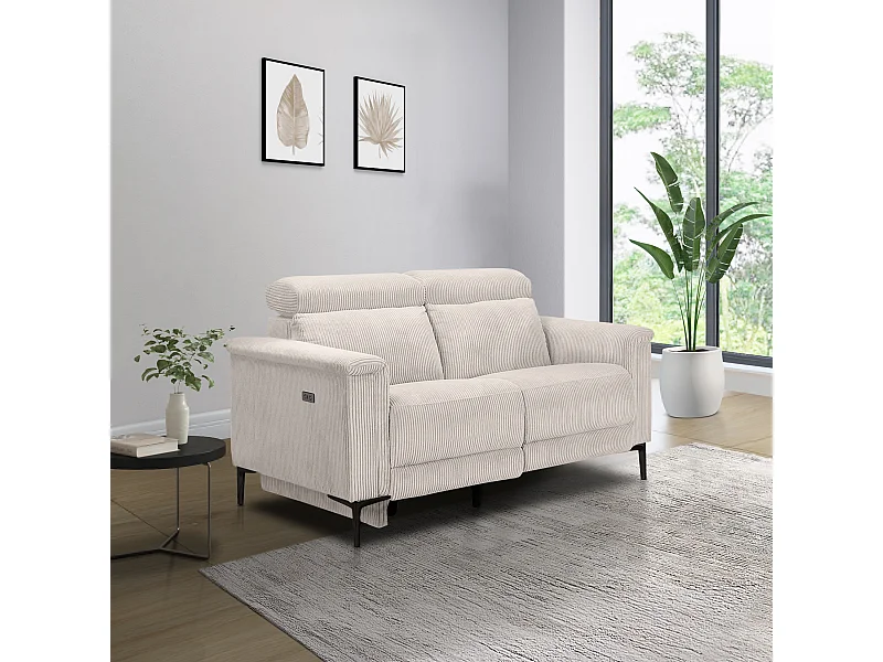 Lund | Canapé 2 places avec 1 fauteuil inclinable électrique en velours côtelé crème