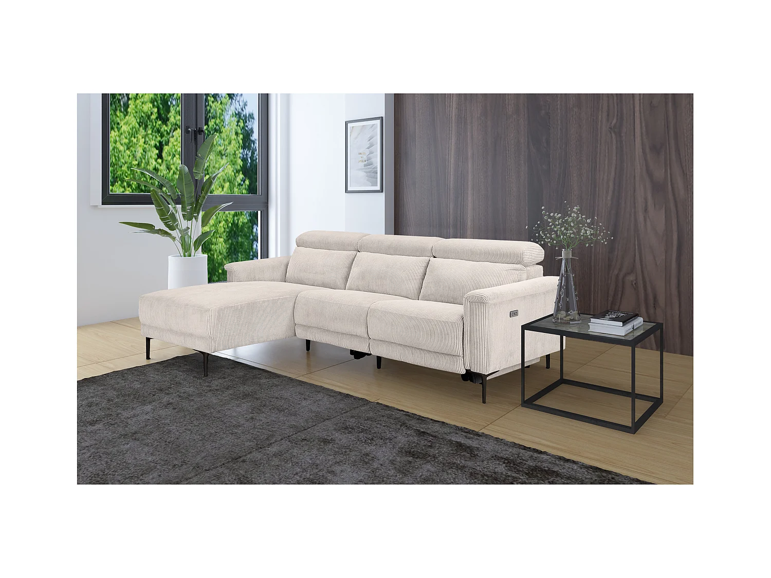 Lund | Sofá esquinero de 3 plazas con función eléctrica en crema pana