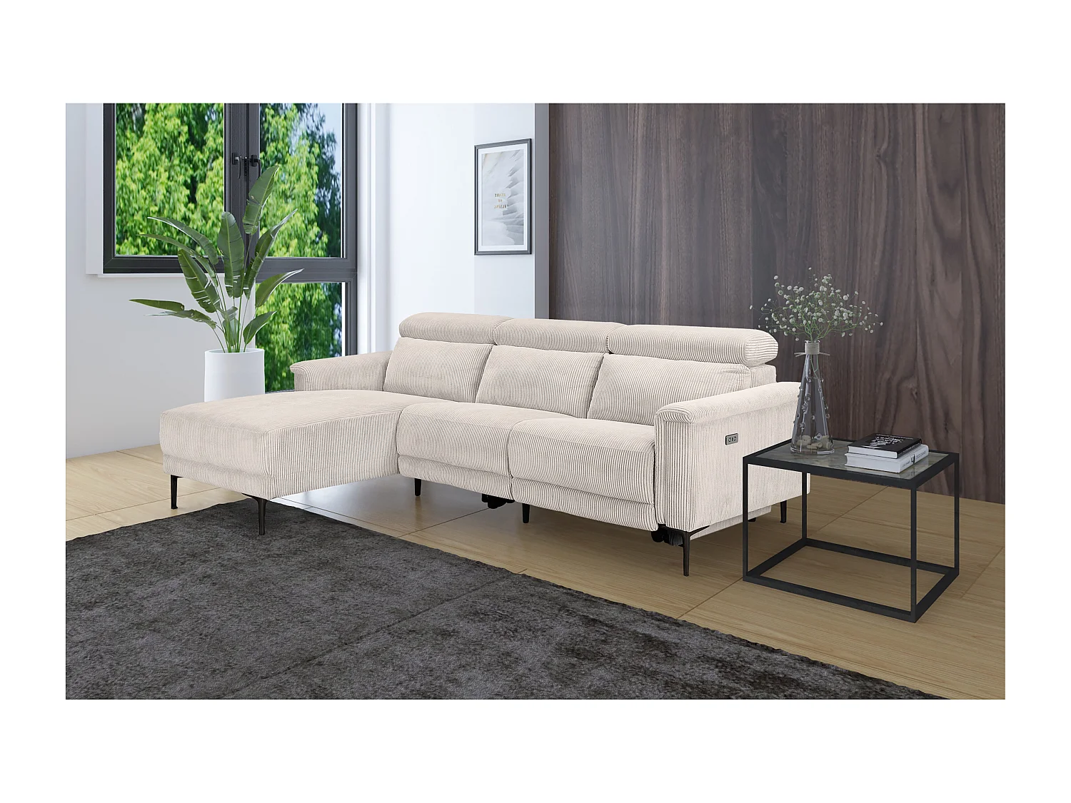 Lund | Canapé d’angle 3 places avec 1 fauteuil inclinable électrique en velours côtelé gris