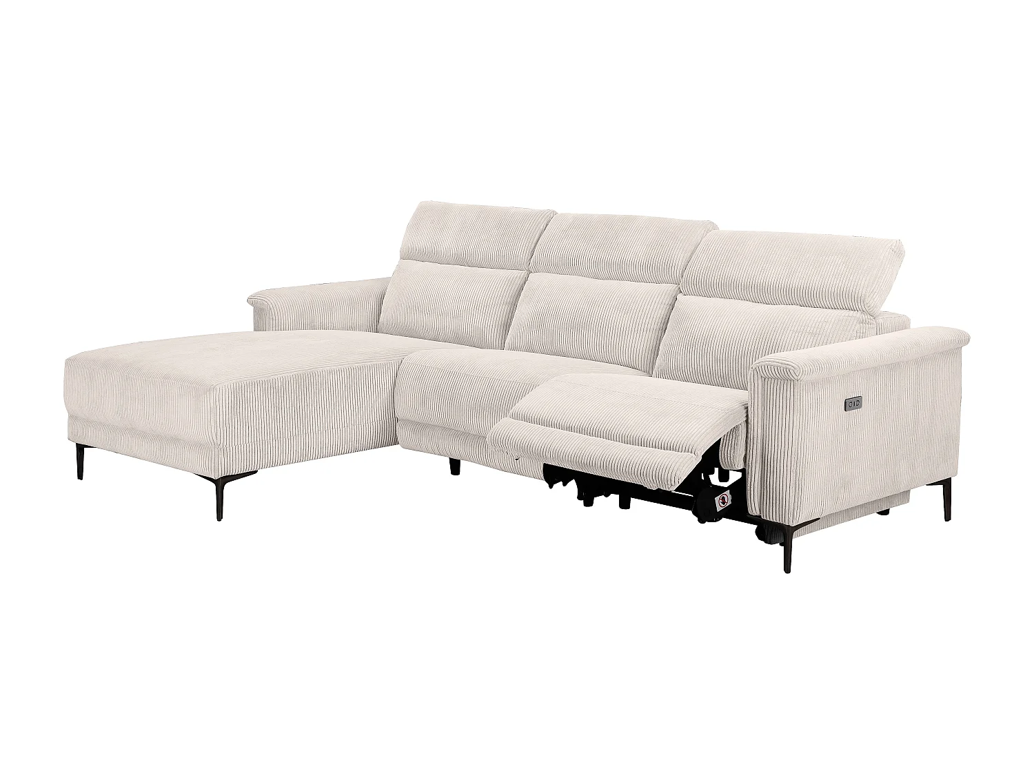 Lund | Canapé d’angle 3 places avec 1 fauteuil inclinable électrique en velours côtelé gris