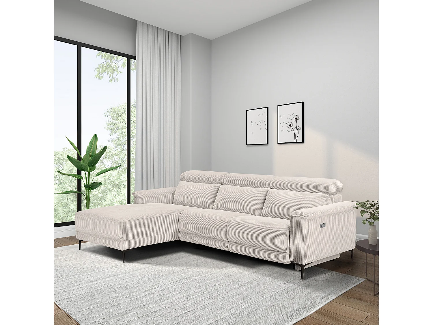 Lund | Canapé d’angle 3 places avec 1 fauteuil inclinable électrique en velours côtelé gris