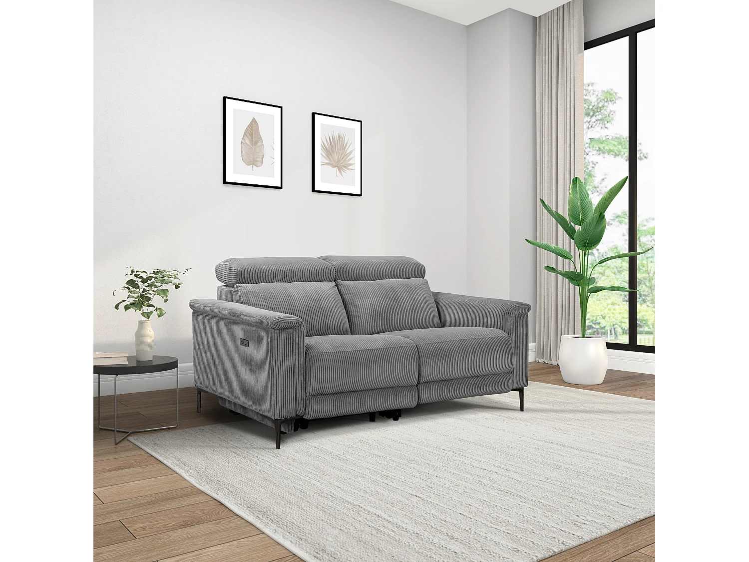 2Seater Sofa met 1 elektrische relaxfauteuil in stof zwart