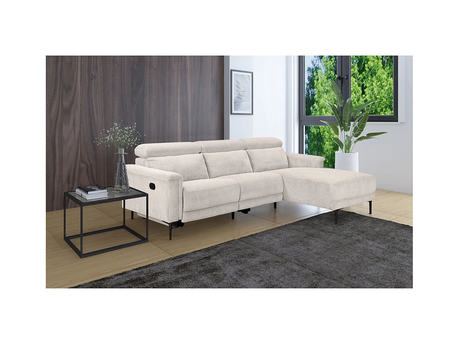 Lund | Sofá esquinero de 3 plazas con 1 sillón reclinable manual en crema pana