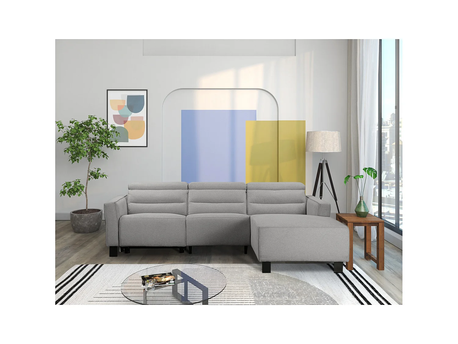 Hoekbank 3-zits met handmatige functie in lichtgrijze stof