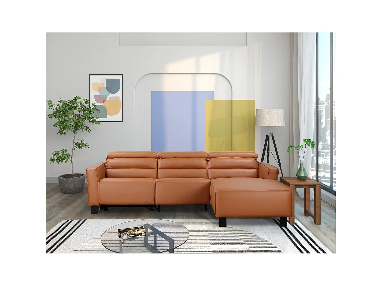 Hoekbank 3-zits met elektrische functie in PU cognac