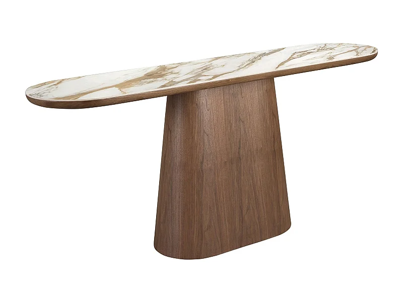 Ovaler halbrunder Konsolentisch aus Porzellanmarmor und Nussbaum
